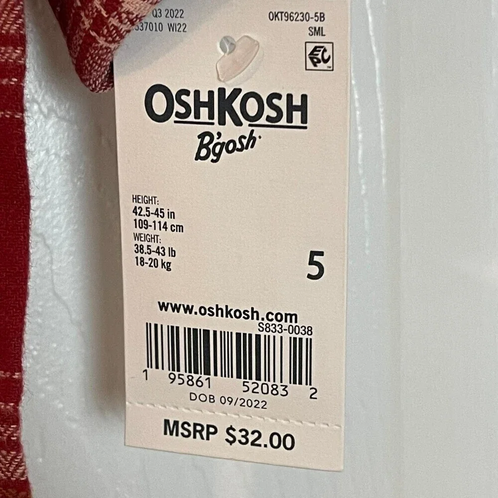 New OSHKOSH B'GOSH Kid's Cozy Flannel Button-Front Checked Shirt in Red size 5.